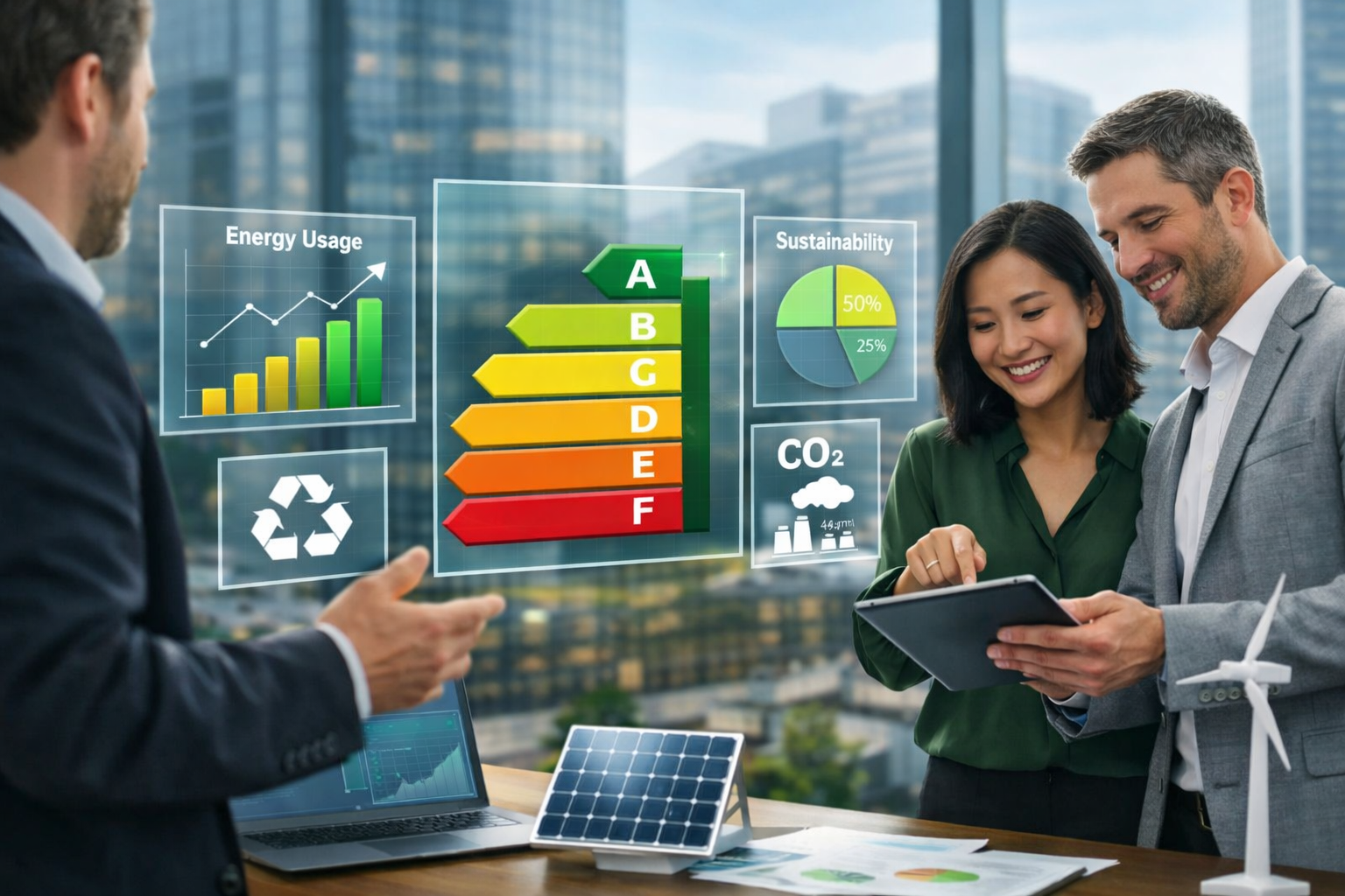 Energy consultants reviewing sustainability metrics and EPC ratings