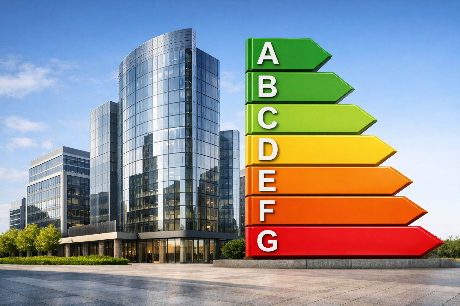 Commercial building with energy efficiency ratings chart A to F