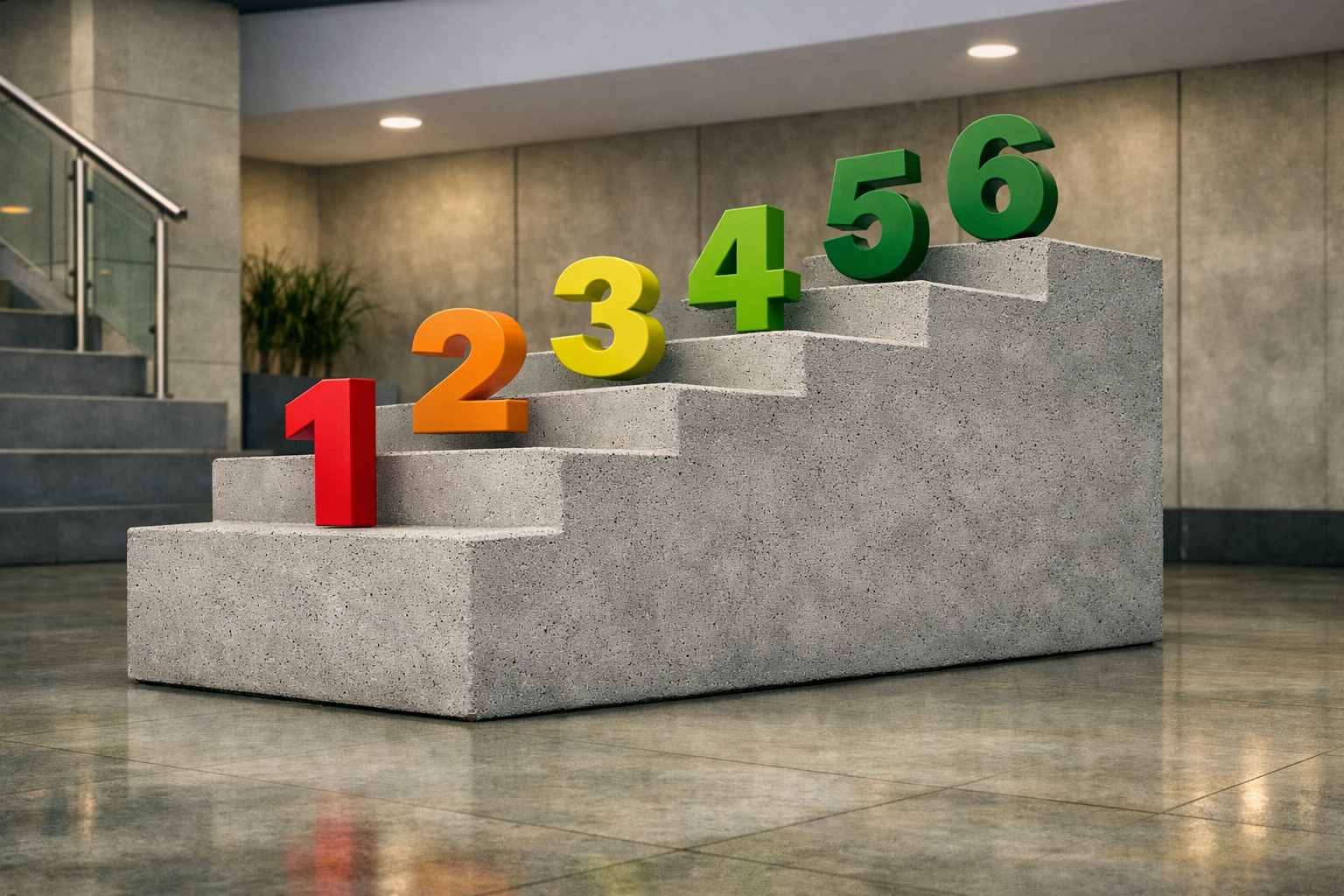 Six numbered steps on concrete stairs